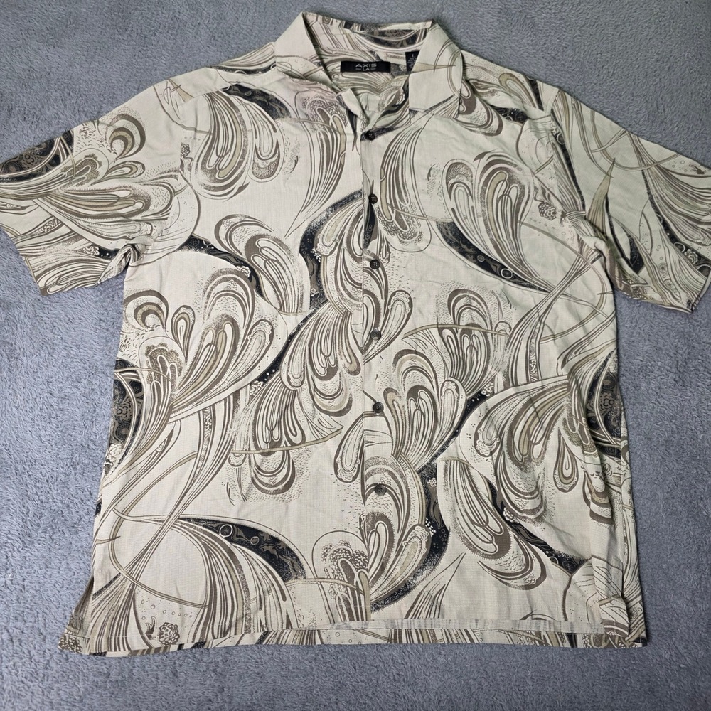 Axis LA Mens L Button Down Shirt Tan Abstract Silk Cotton Blend Short Sleeve
